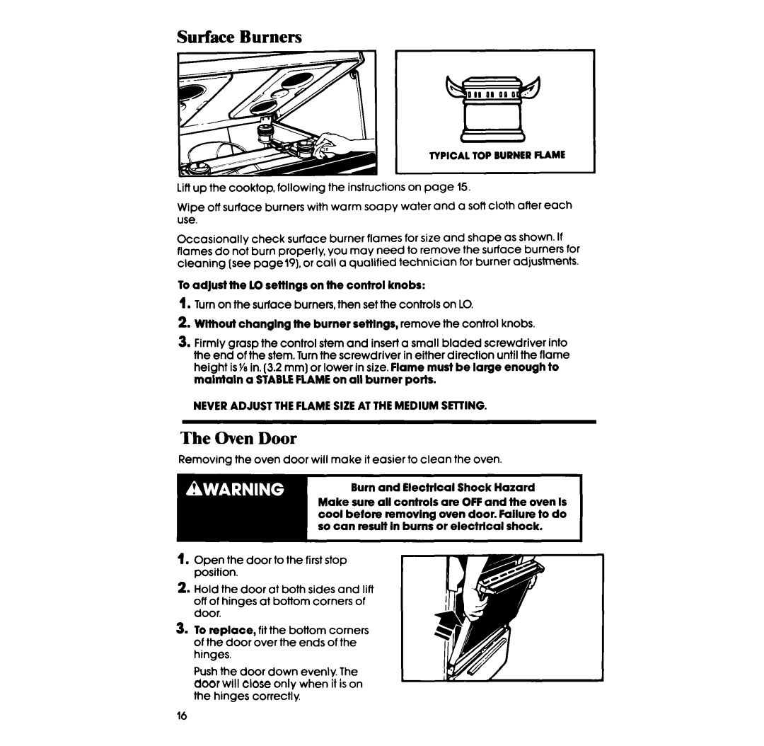 Whirlpool lSF034PEW manual Surface Burners, Oven Door 