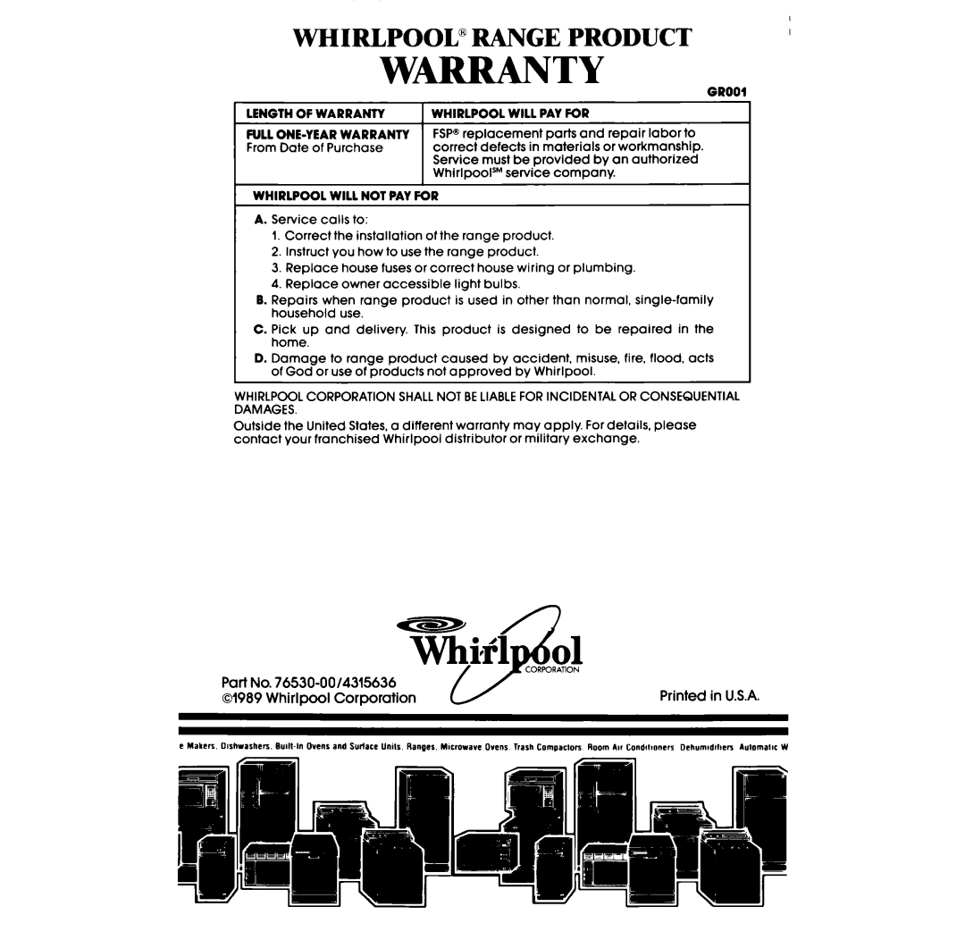 Whirlpool lSF034PEW manual Whirlpool Range Product 