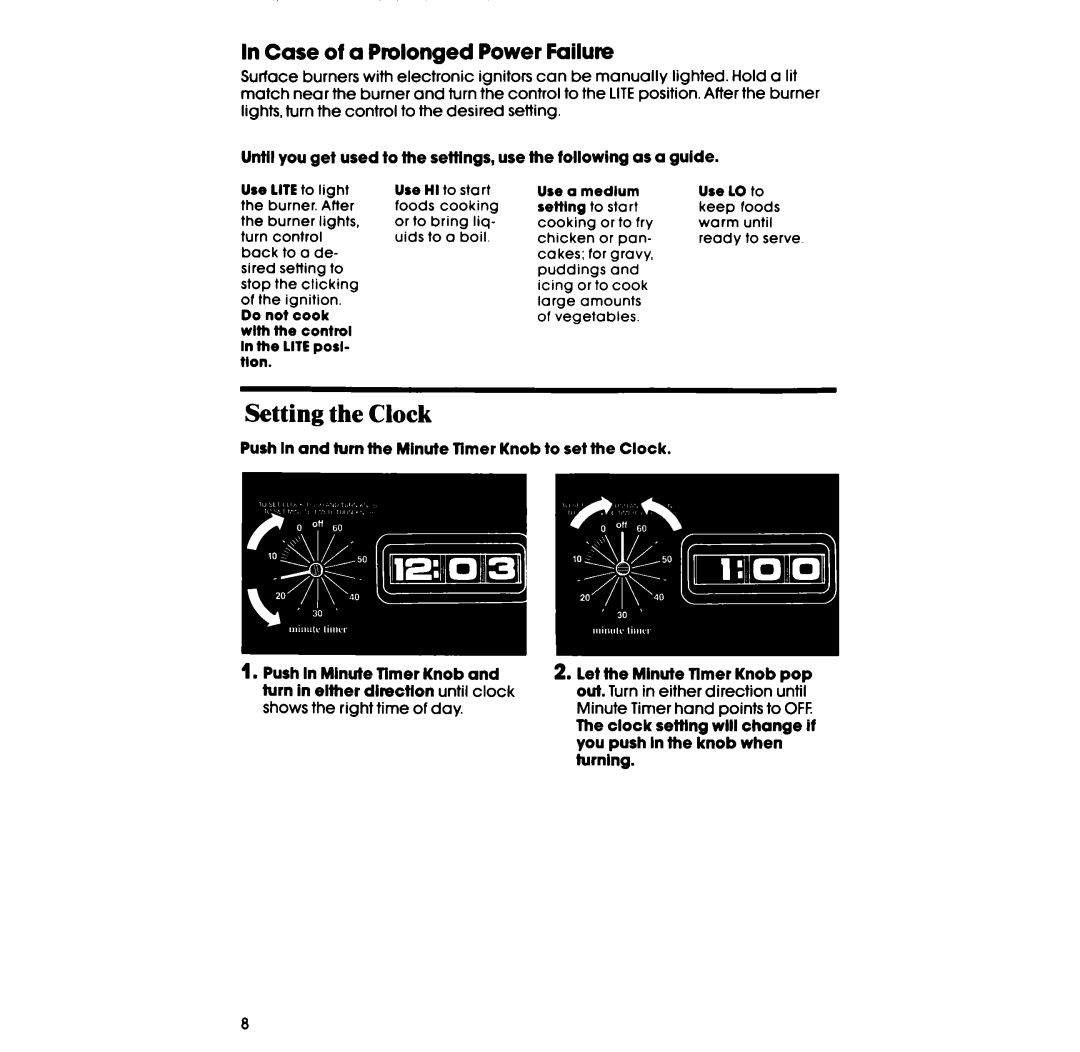 Whirlpool lSF034PEW manual Setting the Clock, Case of a Prolonged Power Failure, Use LO to 