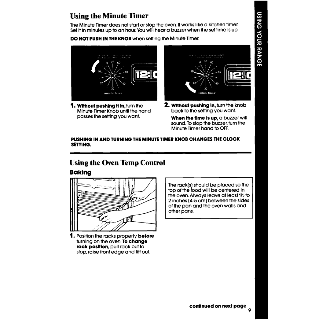 Whirlpool lSF034PEW manual Using the Minute Timer, Using the Oven Temp Control, Baking 