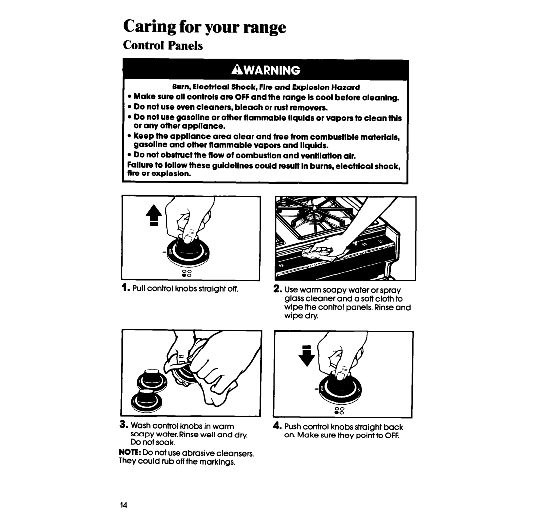 Whirlpool lSF034PEW manual Caring for your range, Control Panels 