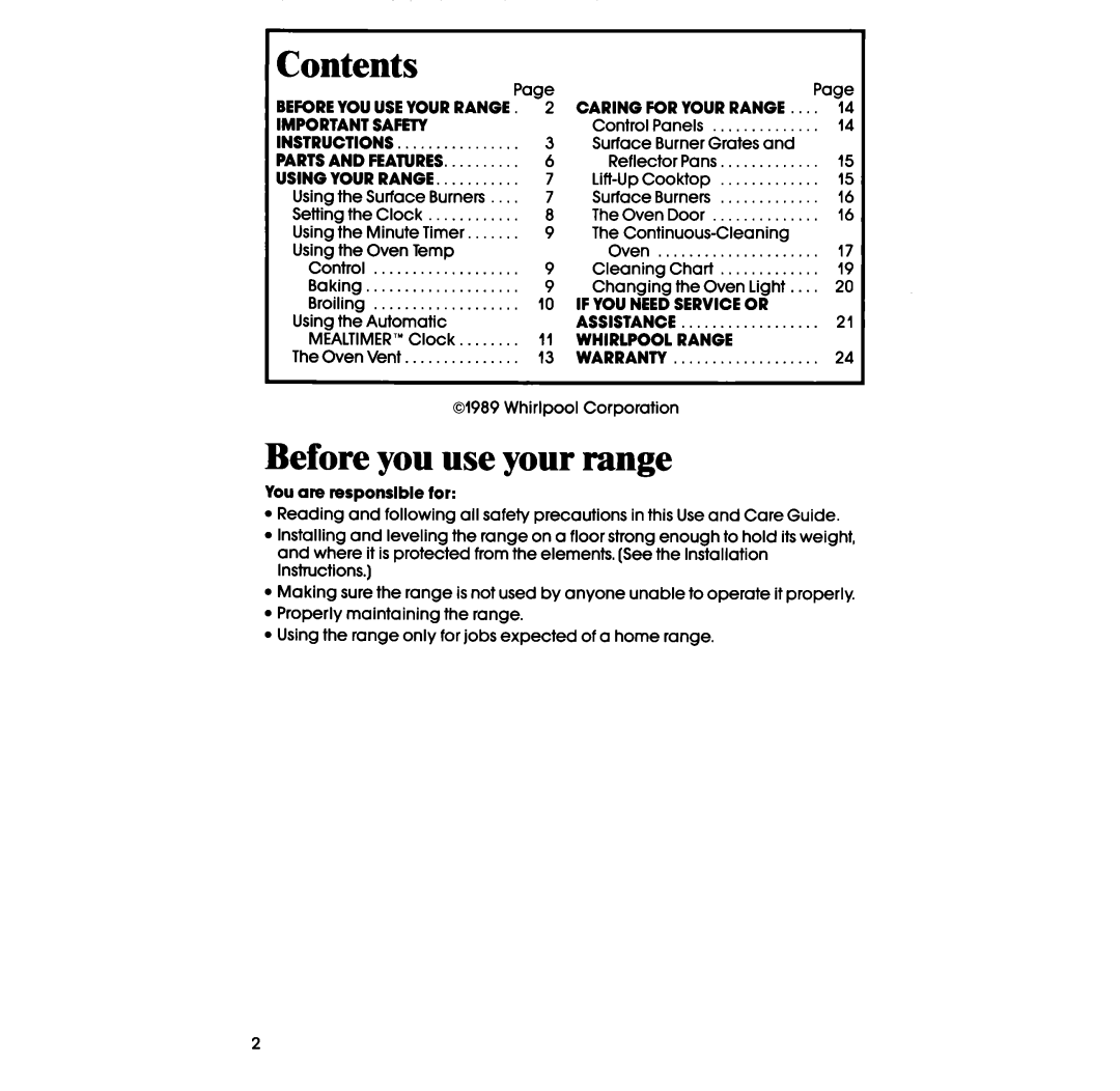 Whirlpool lSF034PEW manual Contents, Before you use your range 