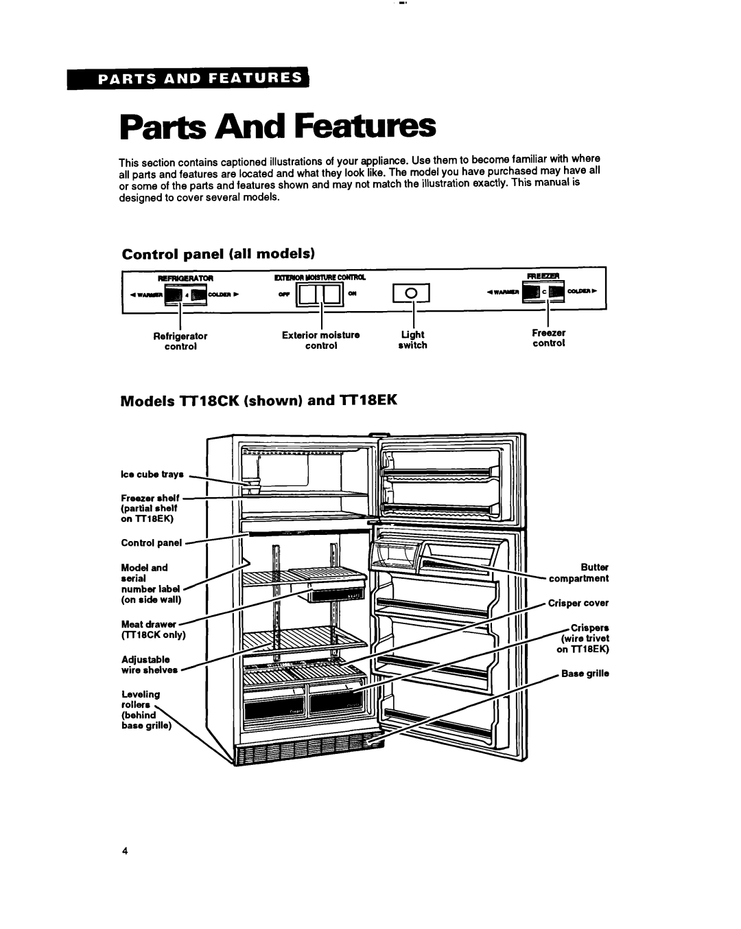 Whirlpool lT20AK, lT20BK, TT18EK warranty Parts And Features, Control panel all models, Models TT18CK shown and lT18EK 