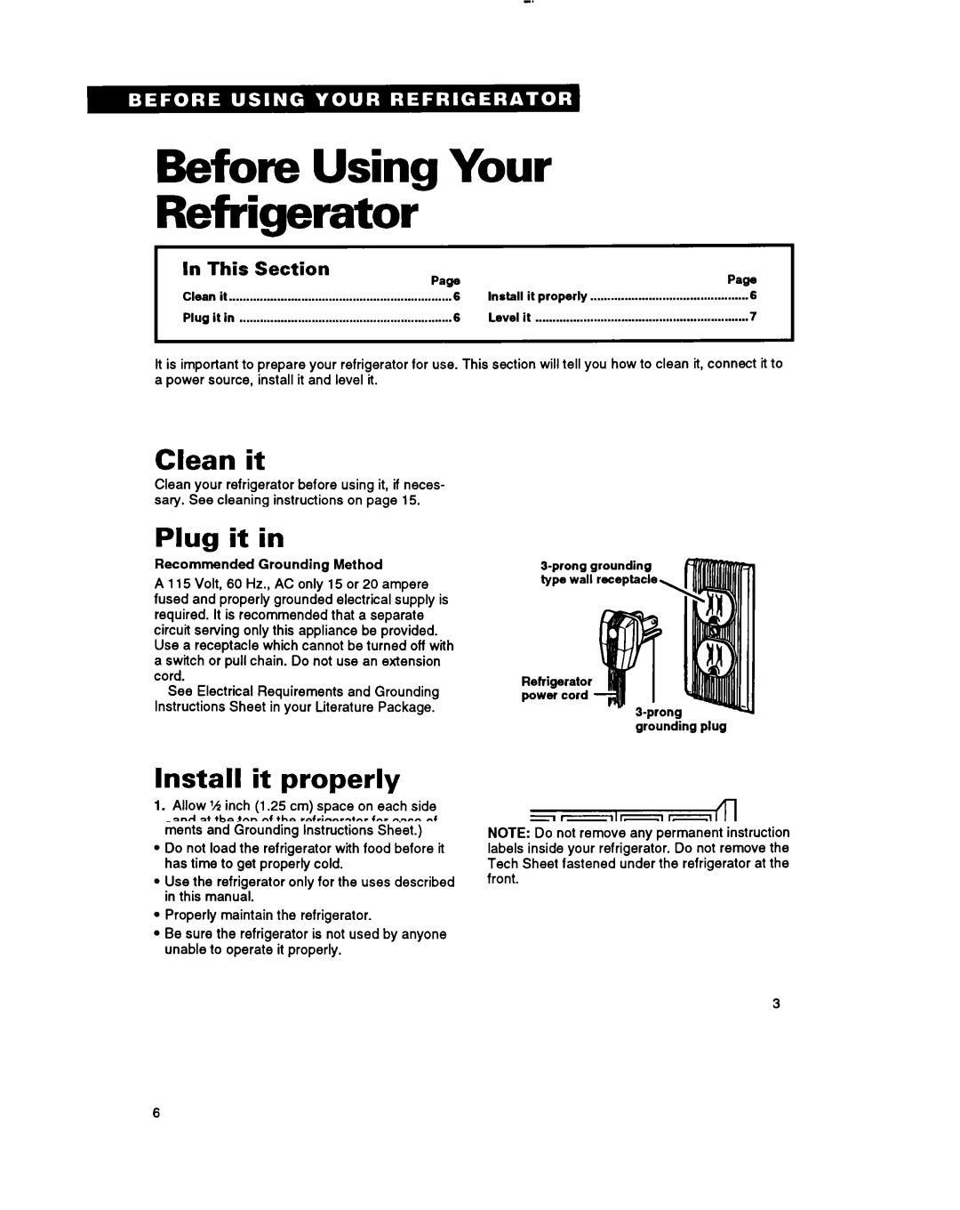 Whirlpool TT18EK, lT20AK, lT20BK Before Using Your Refrigerator, Clean it, Plug it, Install it properly, This Section 