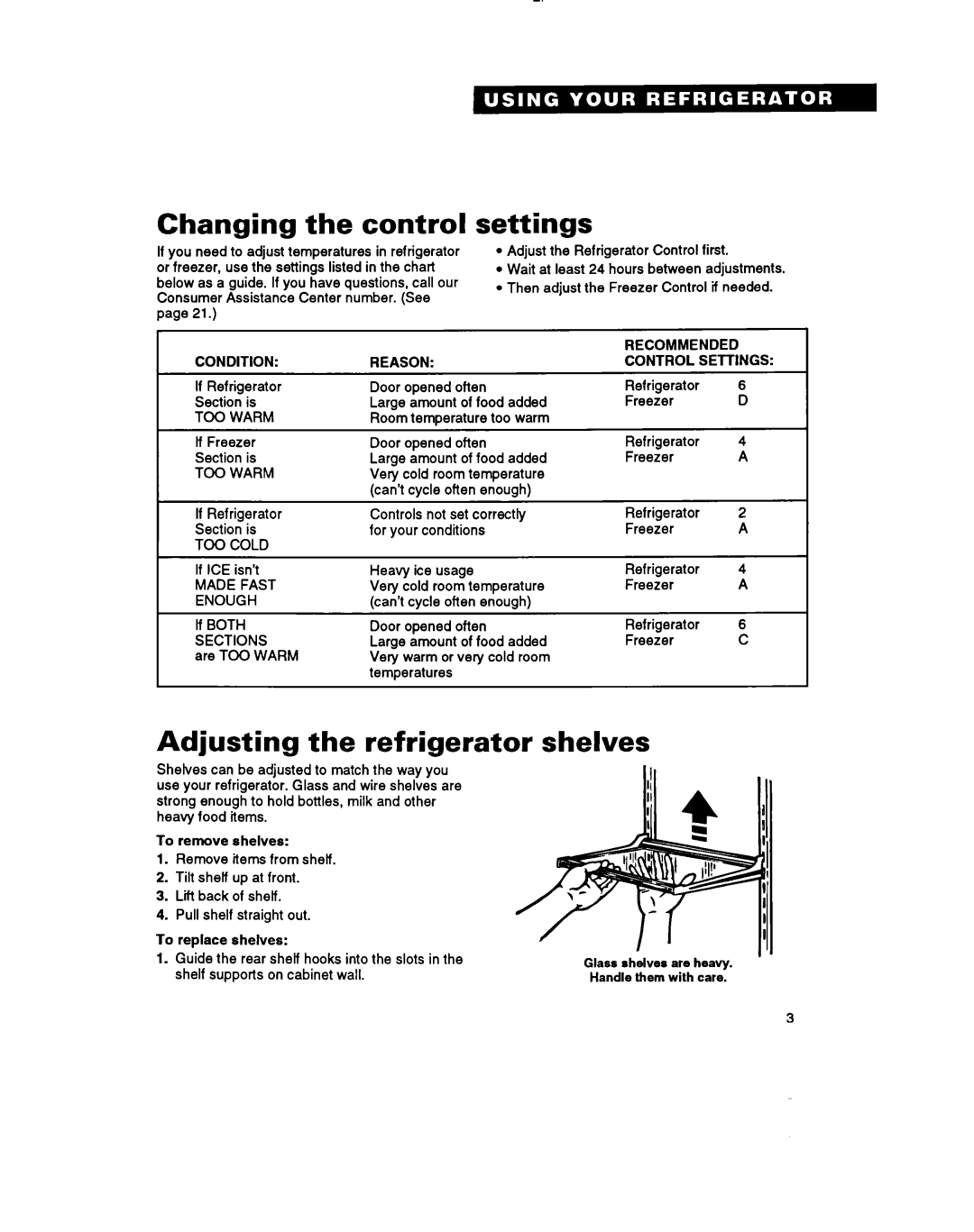 Whirlpool lT20BK, lT20AK, TT18EK, TT18CK warranty Changing the control, Settings, Adjusting the refrigerator, Shelves 