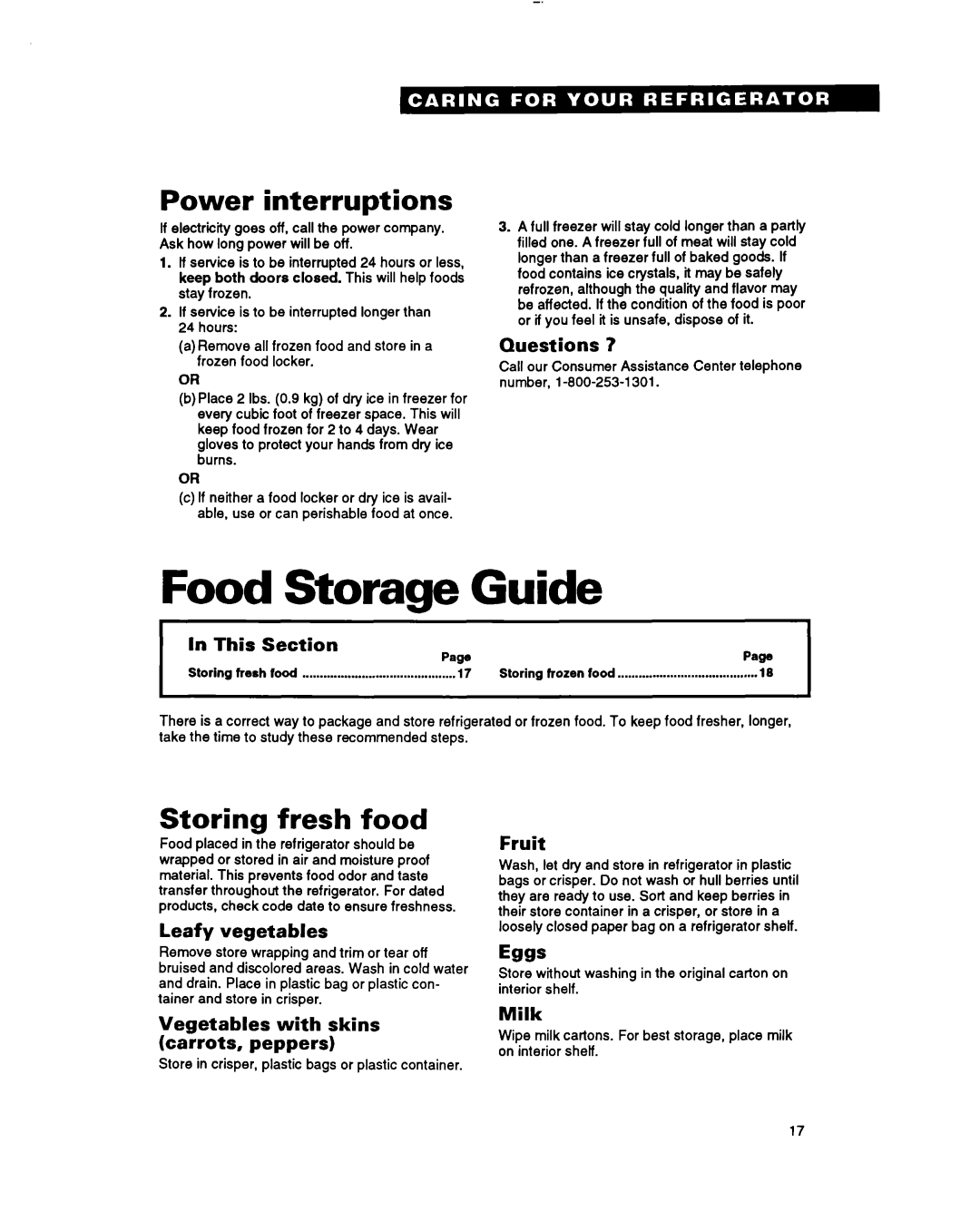 Whirlpool lT20BK Food Storage Guide, Power interruptions, Storing fresh food, Questions, In This Section PawPaw, Fruit 