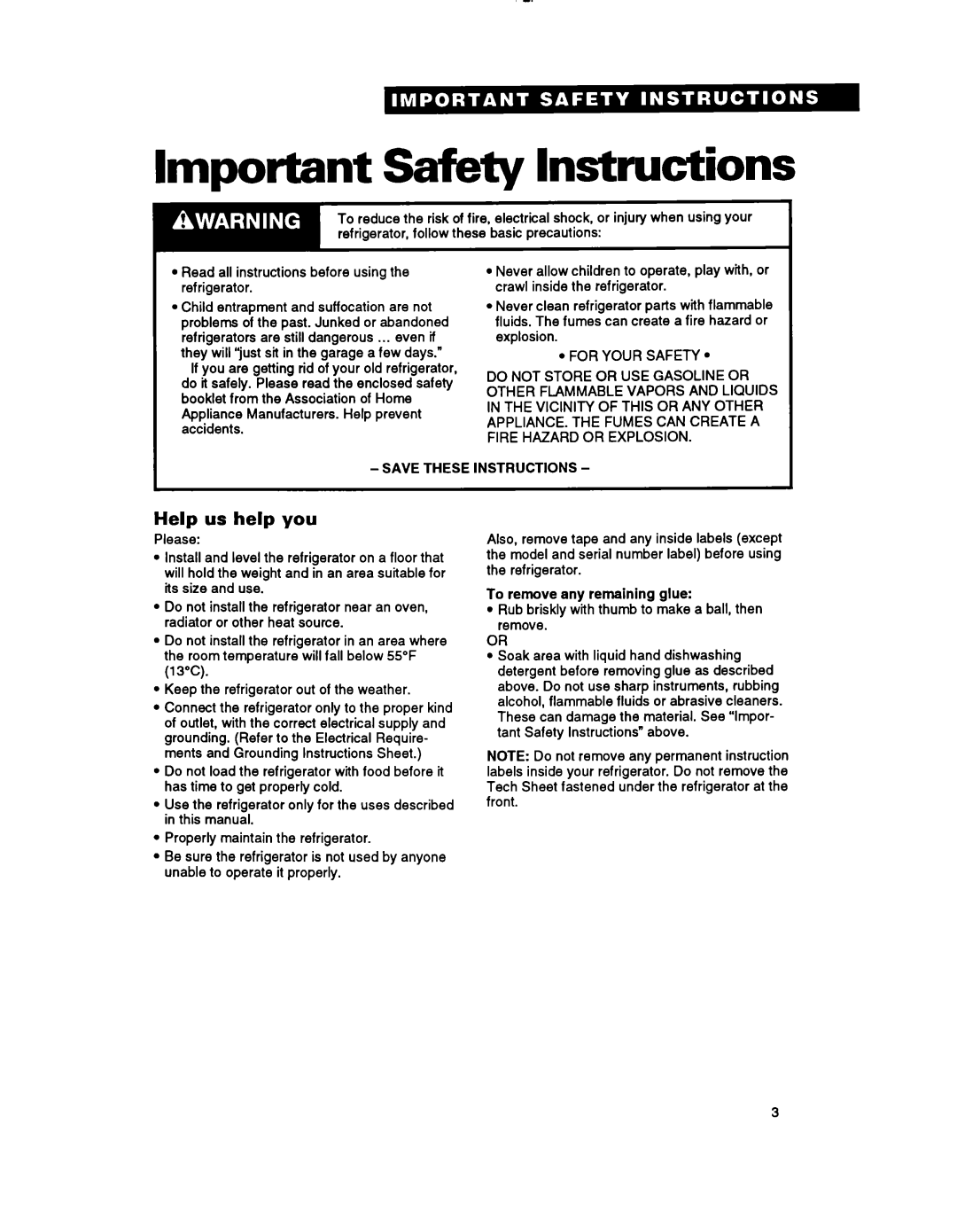 Whirlpool TT18CK Important Safety Instructions, Help us help you, Save These Instructions, To remove any remaining glue 