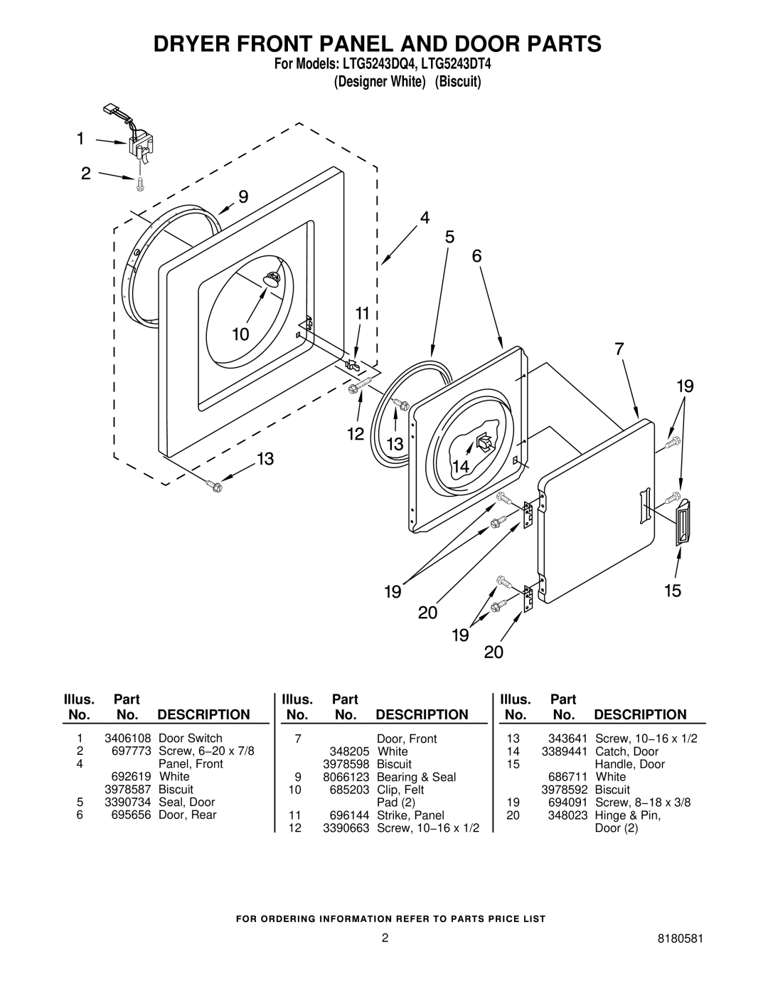 Whirlpool Dryer Front Panel and Door Parts, For Models LTG5243DQ4, LTG5243DT4 Designer White Biscuit 