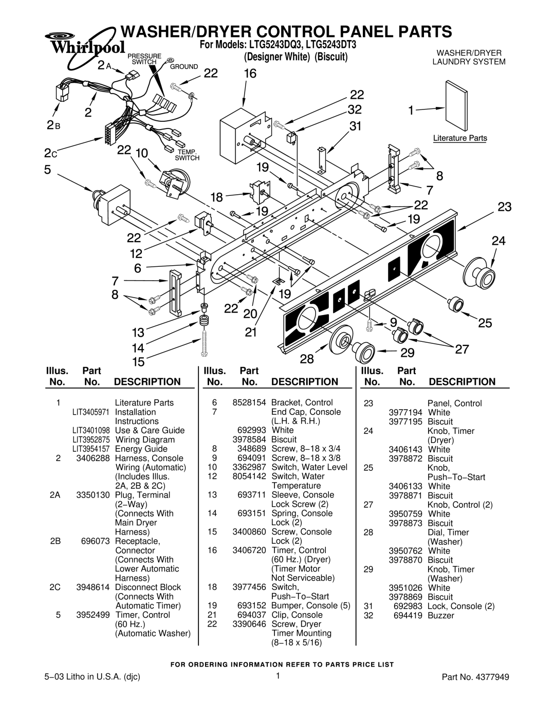 Whirlpool LTG5243DT3 installation instructions WASHER/DRYER Control Panel Parts, Illus. Part No. No. Description 