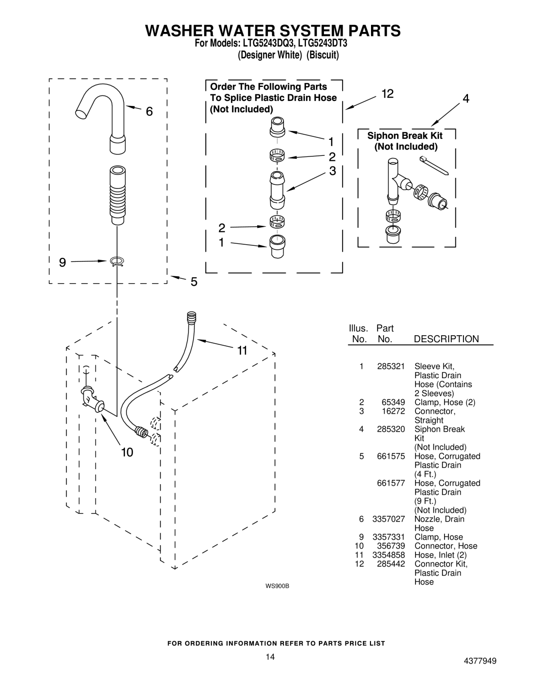 Whirlpool LTG5243DT3 installation instructions Washer Water System Parts, Description 