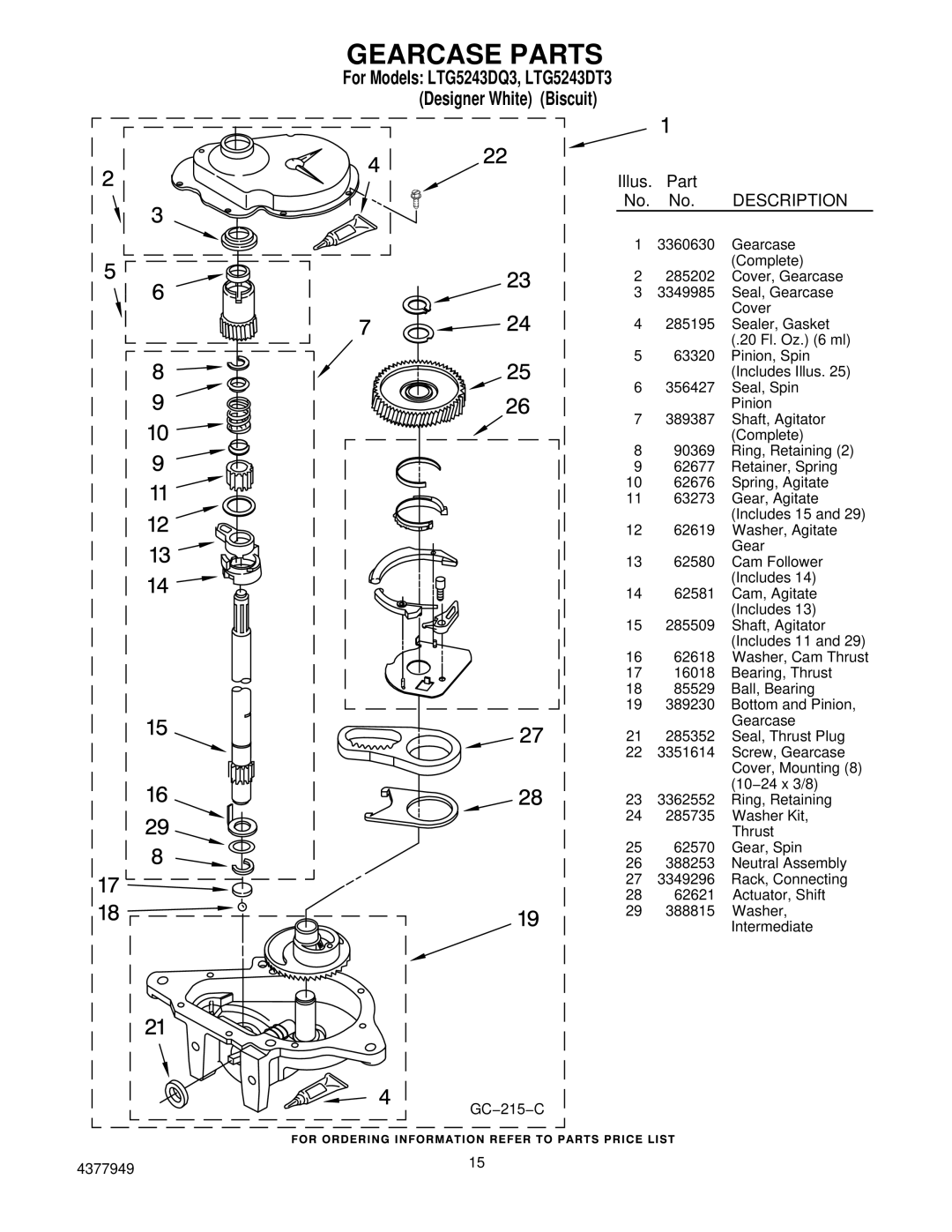 Whirlpool LTG5243DT3 installation instructions Gearcase Parts 