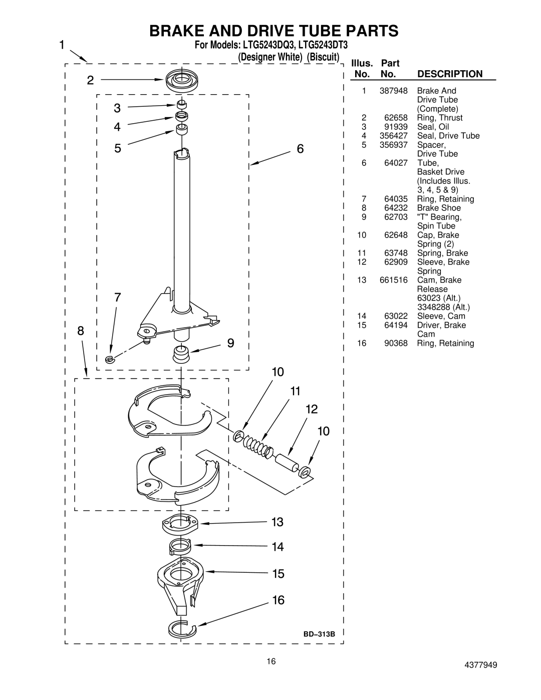 Whirlpool LTG5243DT3 installation instructions Brake and Drive Tube Parts 