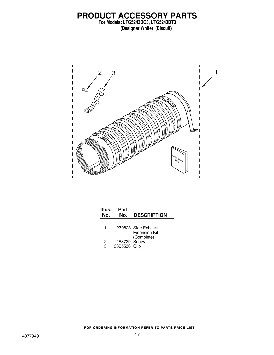 Whirlpool LTG5243DT3 installation instructions Product Accessory Parts 