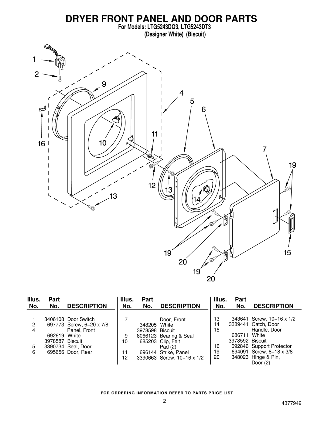 Whirlpool Dryer Front Panel and Door Parts, For Models LTG5243DQ3, LTG5243DT3 Designer White Biscuit 