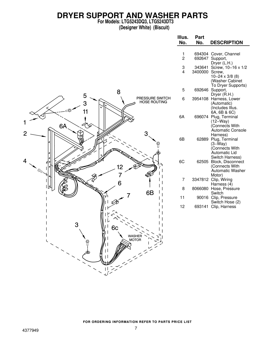 Whirlpool LTG5243DT3 installation instructions Dryer Support and Washer Parts, Description 