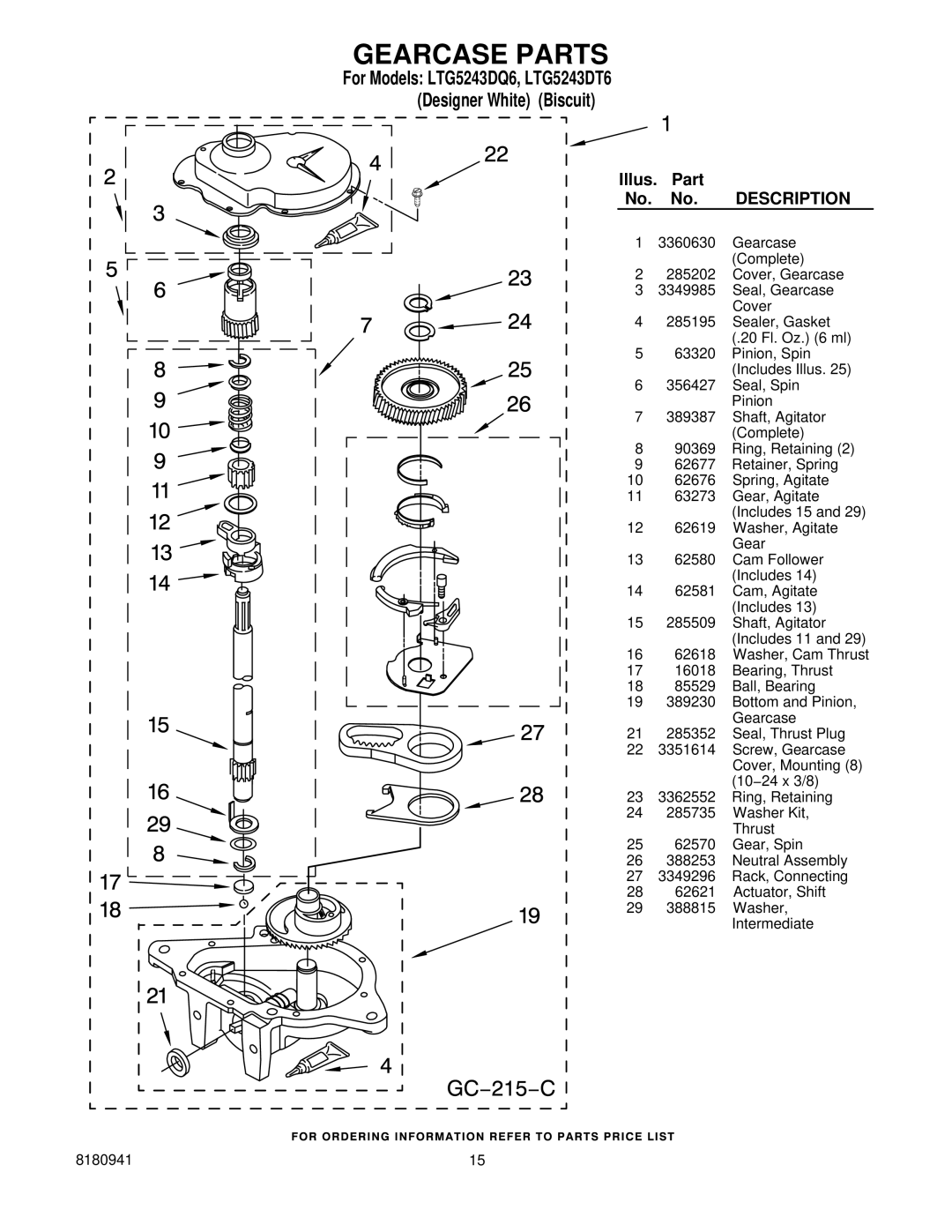 Whirlpool LTG5243DQ6, LTG5243DT6 installation instructions Gearcase Parts 