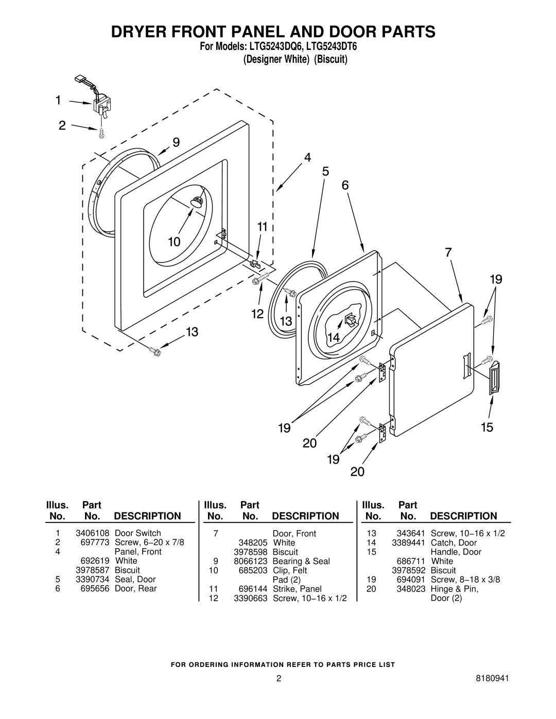 Whirlpool Dryer Front Panel and Door Parts, For Models LTG5243DQ6, LTG5243DT6 Designer White Biscuit 