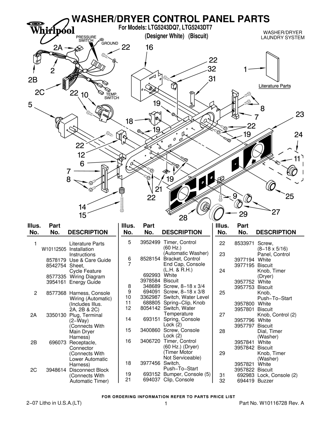 Whirlpool LTG5243DQ7 installation instructions WASHER/DRYER Control Panel Parts, Illus. Part No. No. Description 