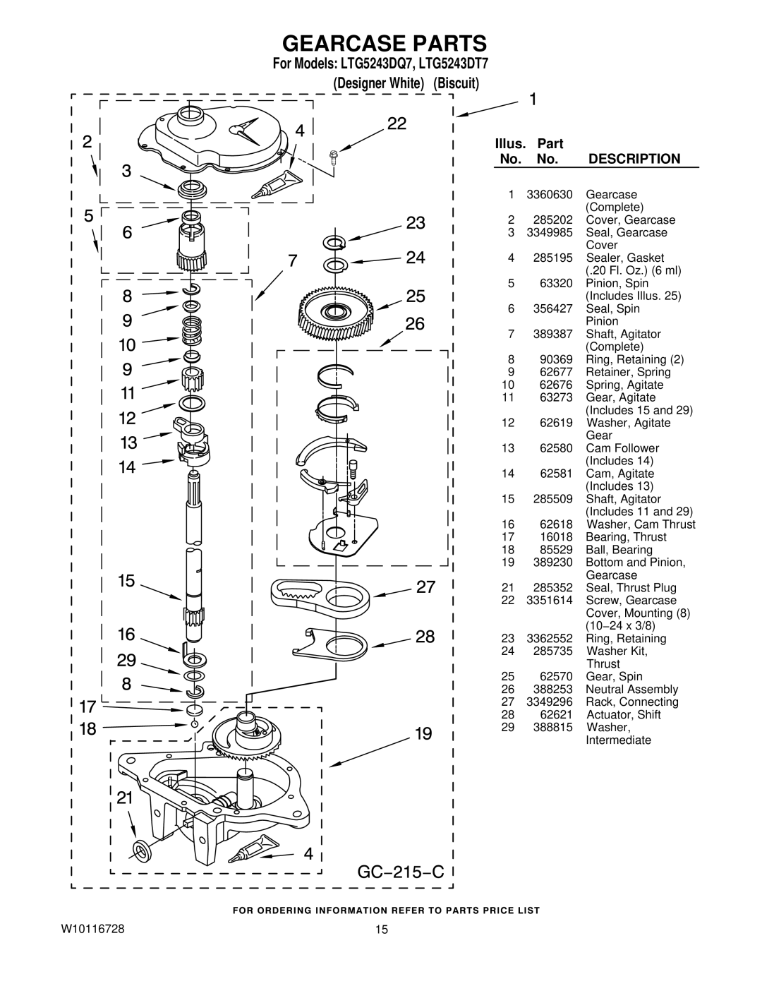 Whirlpool LTG5243DQ7, LTG5243DT7 installation instructions Gearcase Parts 