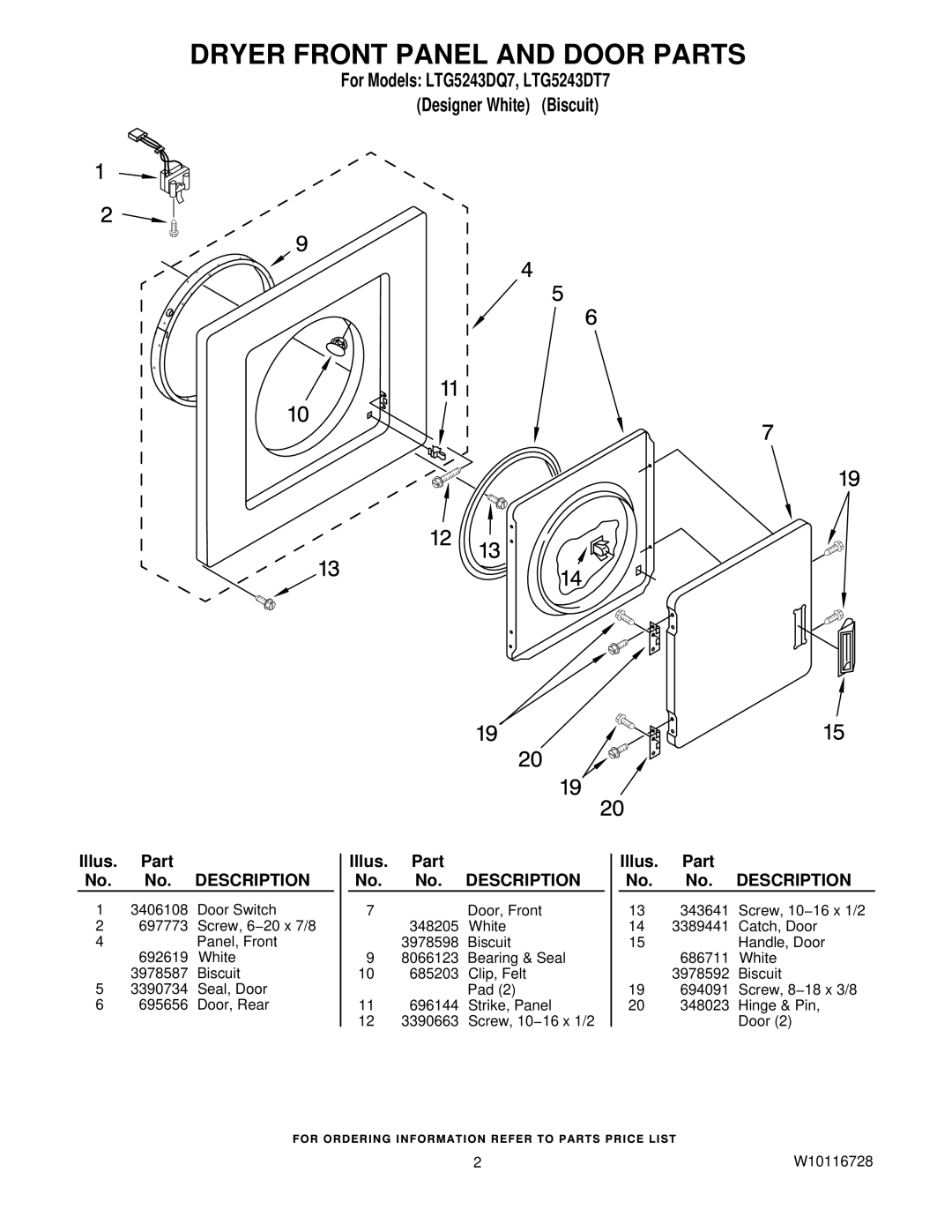 Whirlpool Dryer Front Panel and Door Parts, For Models LTG5243DQ7, LTG5243DT7 Designer White Biscuit 