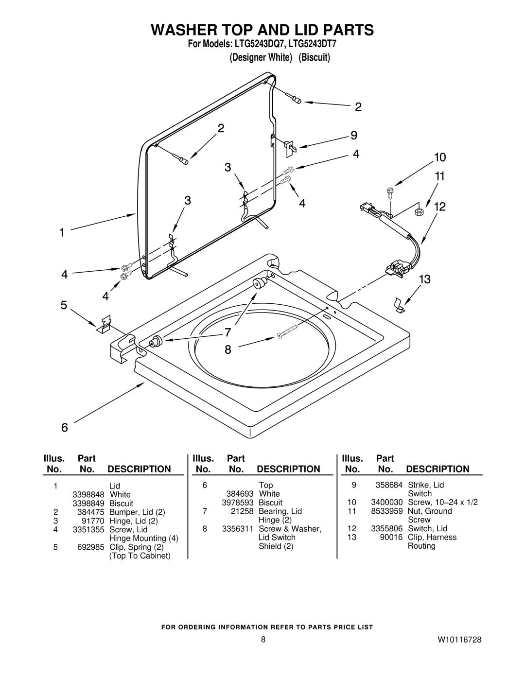 Whirlpool LTG5243DT7, LTG5243DQ7 installation instructions Washer TOP and LID Parts 