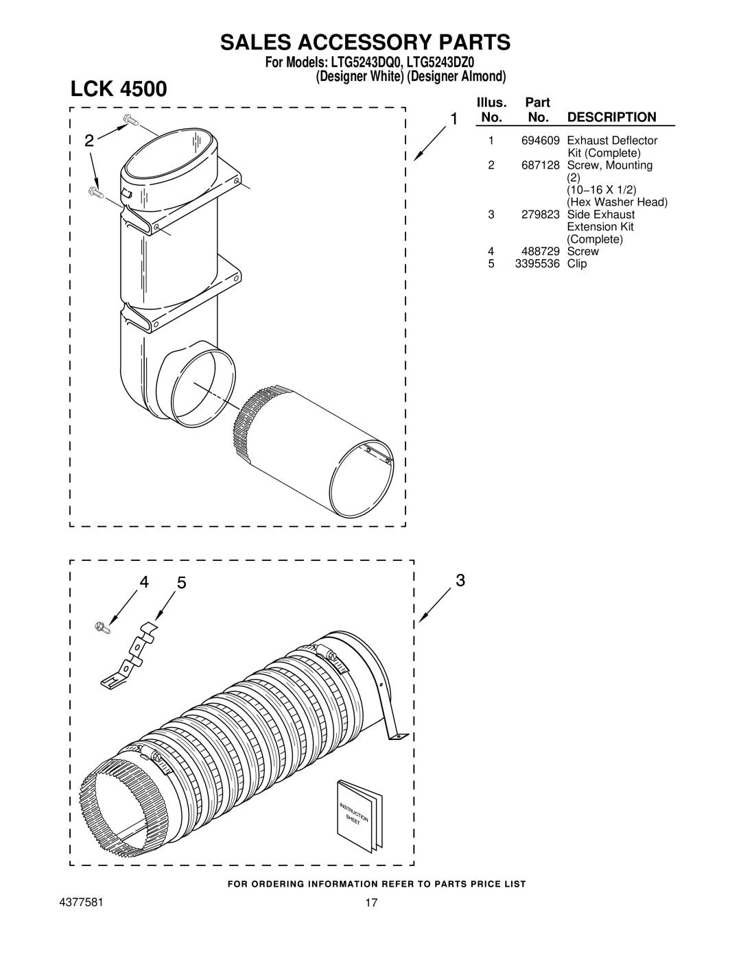 Whirlpool LTG5243DZ0 manual Sales Accessory Parts, Lck 