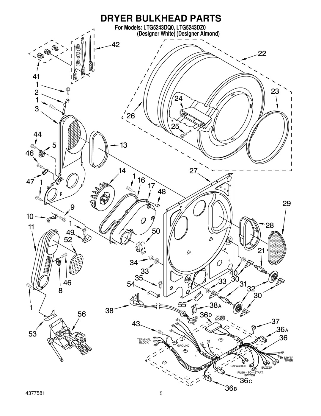 Whirlpool LTG5243DZ0 manual Dryer Bulkhead Parts 