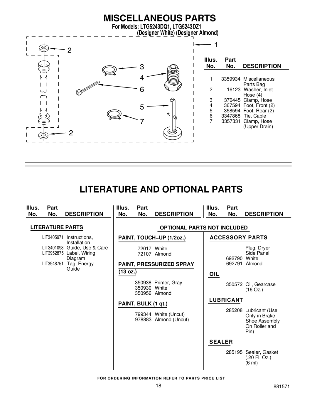 Whirlpool LTG5243DZ1 manual Miscellaneous Parts, Literature and Optional Parts 