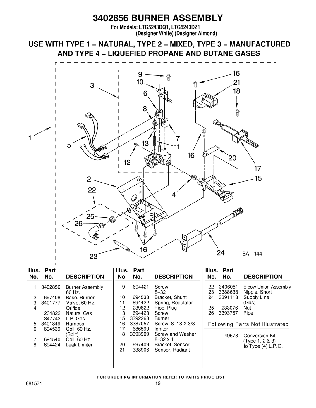 Whirlpool LTG5243DZ1 manual Burner Assembly 