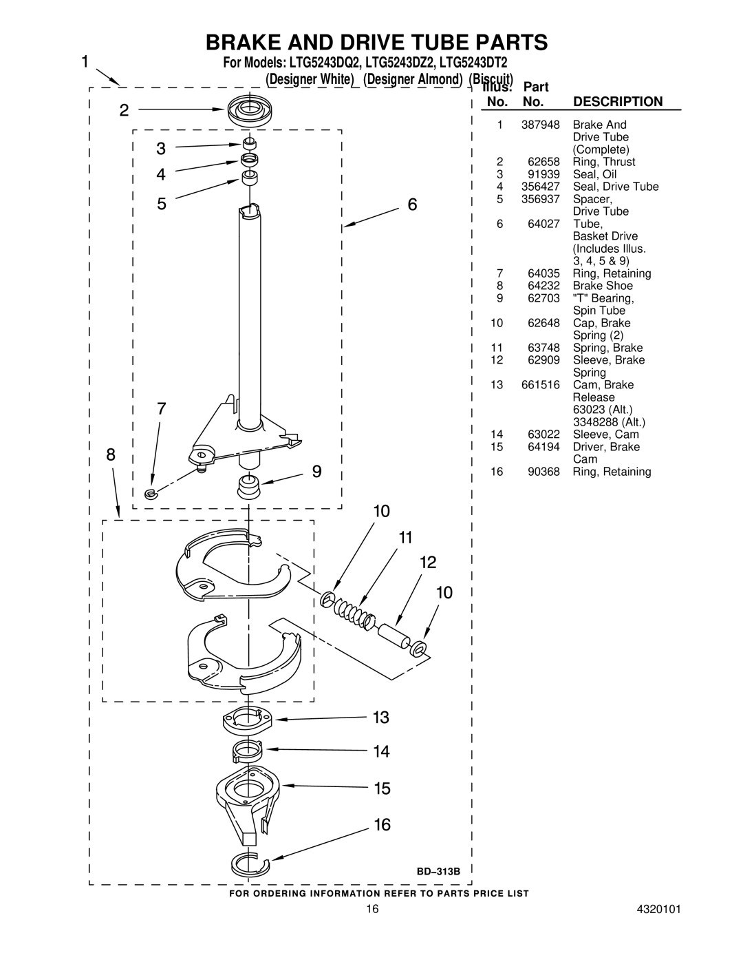 Whirlpool installation instructions Brake and Drive Tube Parts, For Models LTG5243DQ2, LTG5243DZ2, LTG5243DT2 