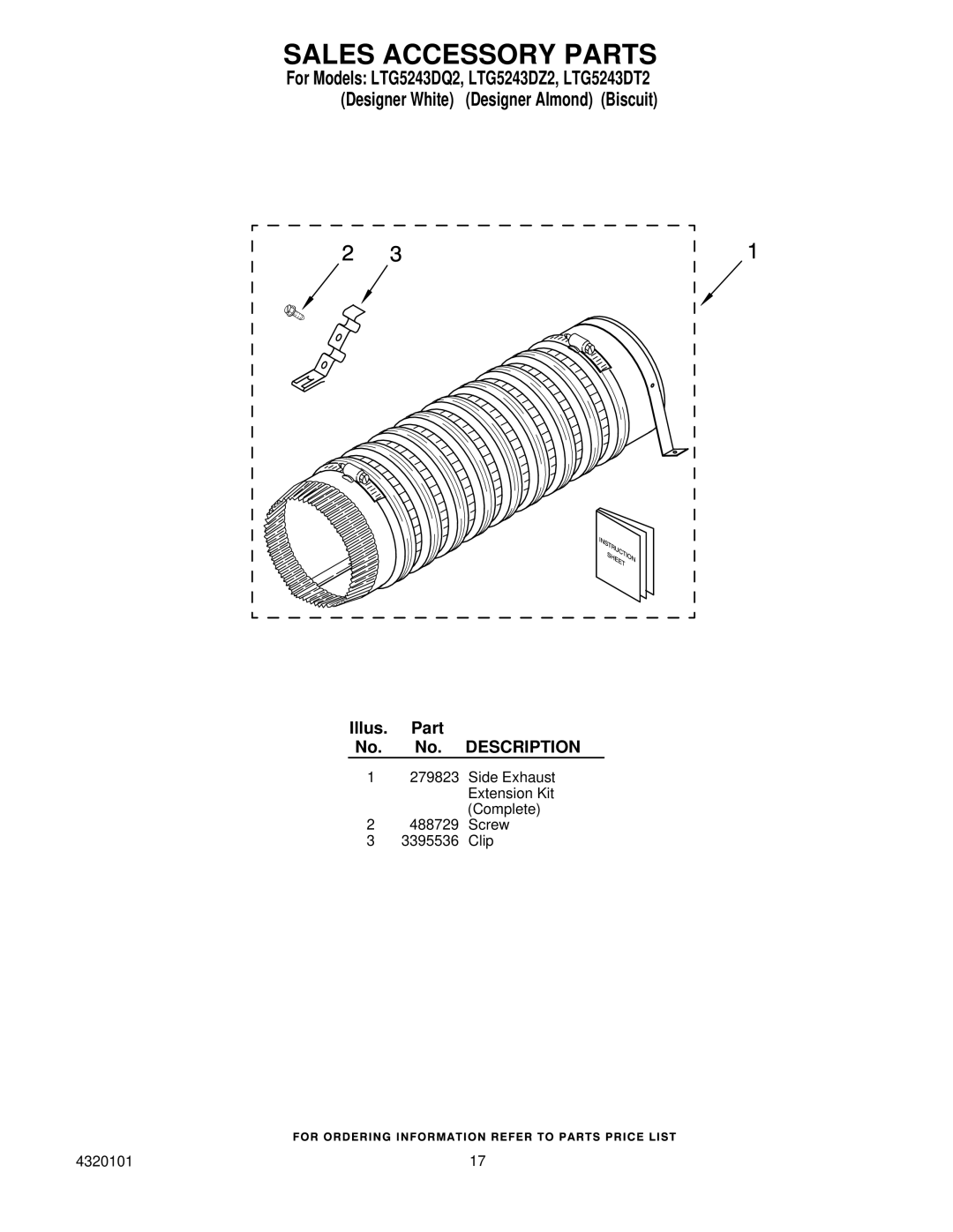 Whirlpool LTG5243DT2, LTG5243DZ2 installation instructions Sales Accessory Parts 