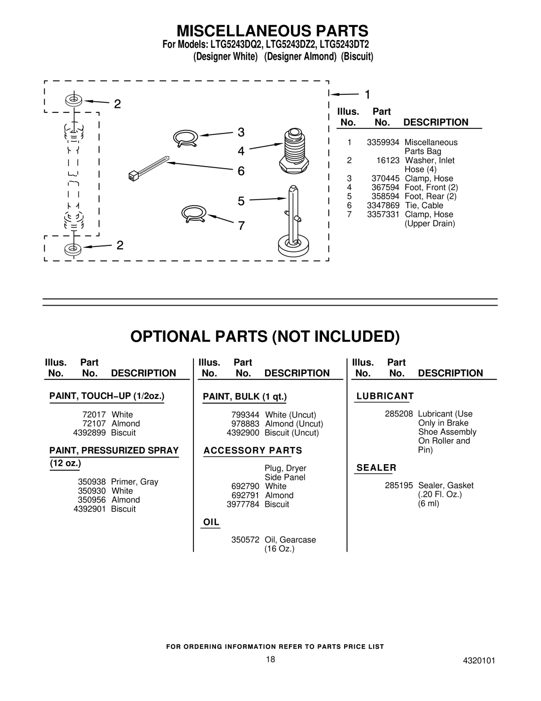 Whirlpool LTG5243DZ2, LTG5243DT2 installation instructions Miscellaneous Parts, Optional Parts not Included 