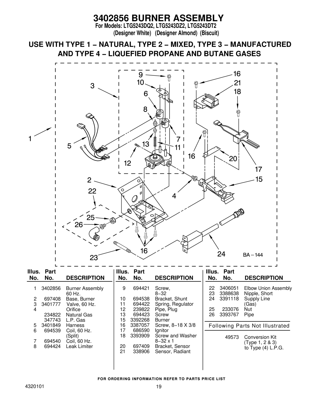 Whirlpool LTG5243DT2, LTG5243DZ2 installation instructions Burner Assembly 