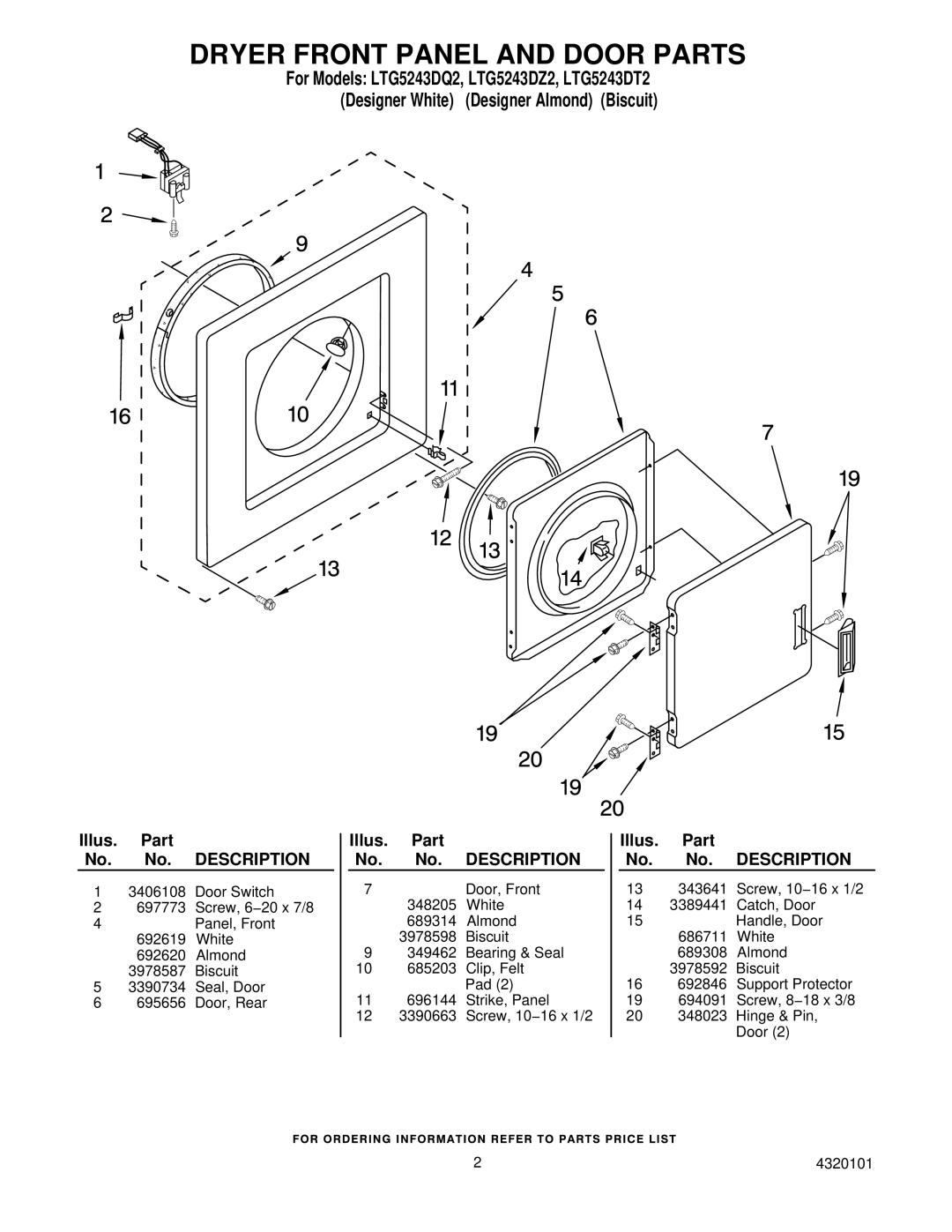 Whirlpool LTG5243DZ2, LTG5243DT2 installation instructions Dryer Front Panel and Door Parts 