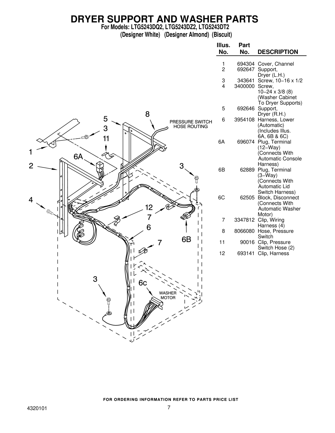 Whirlpool LTG5243DT2, LTG5243DZ2 installation instructions Dryer Support and Washer Parts, Description 