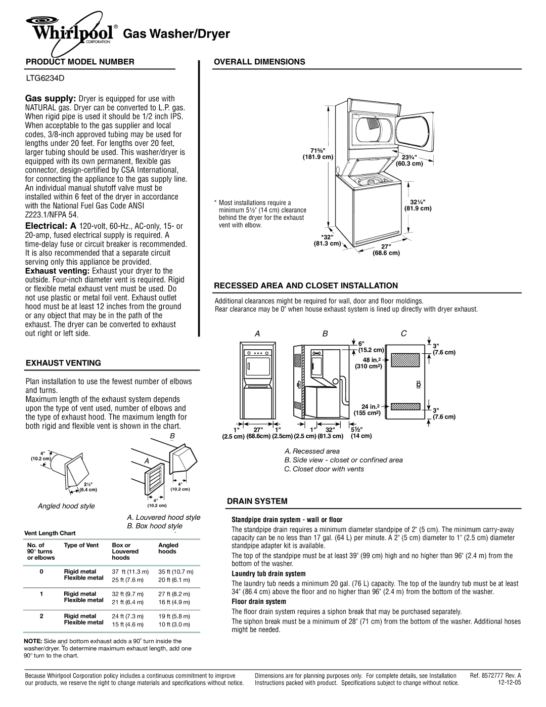 Whirlpool LTG6234D dimensions Product Model Number Overall Dimensions, Recessed Area and Closet Installation, Drain System 