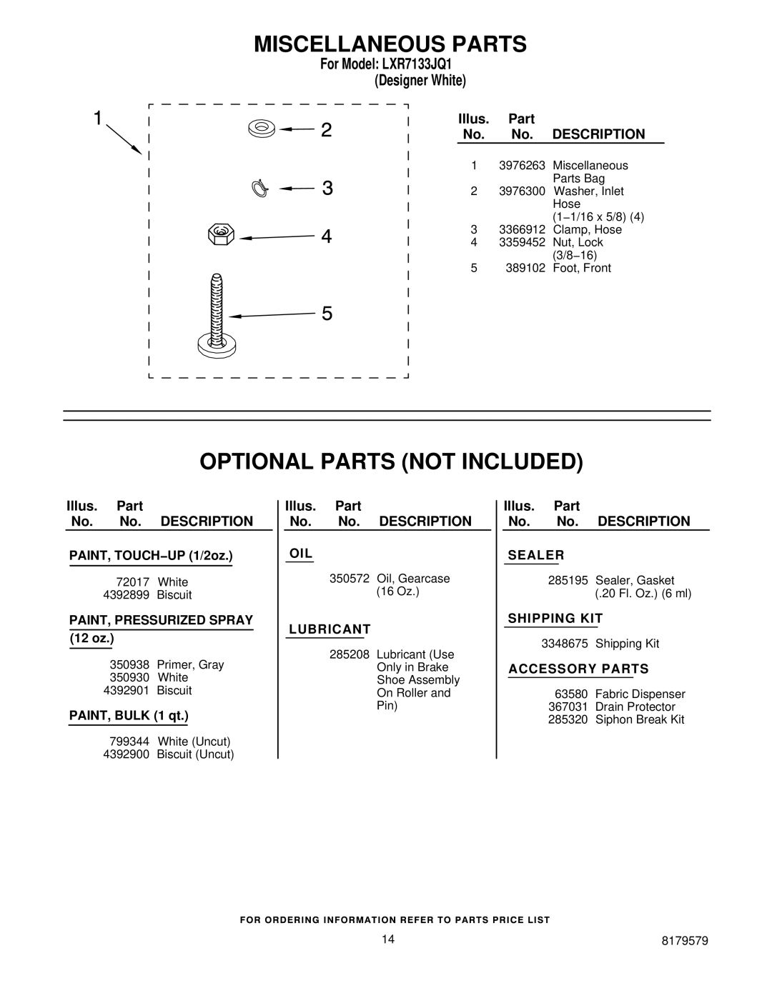 Whirlpool LXR7133JQ1 manual Miscellaneous Parts, Optional Parts not Included 