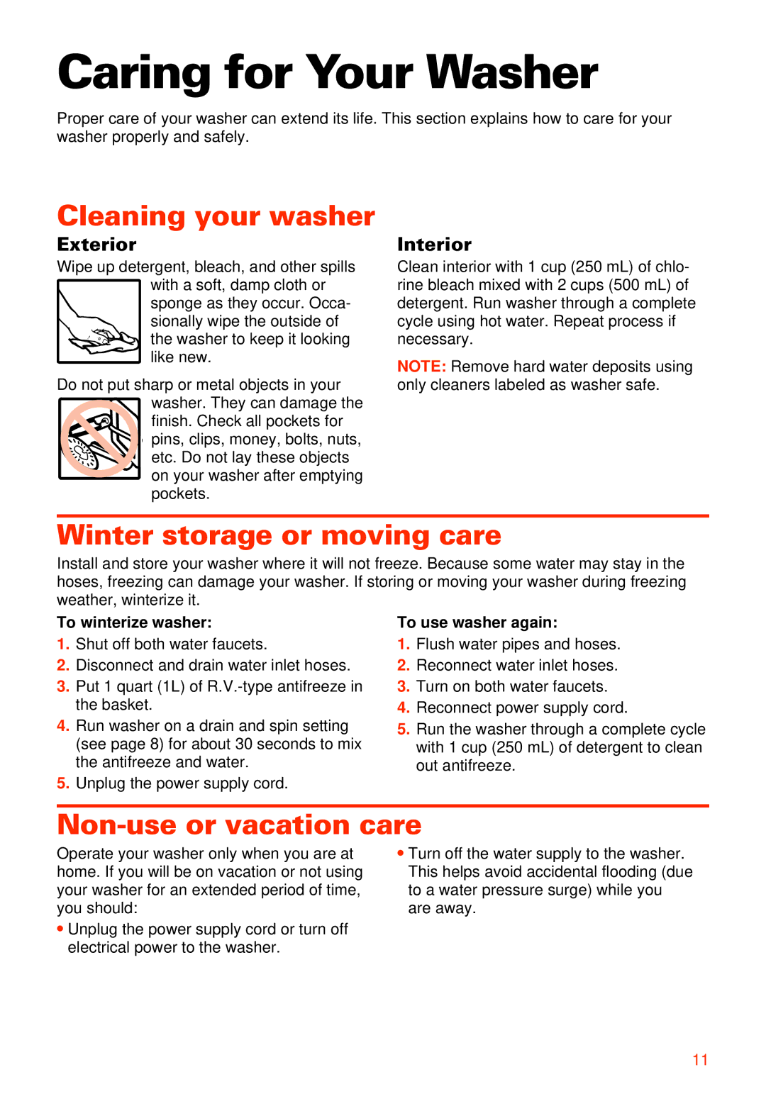 Whirlpool LXR9245EQ0 Caring for Your Washer, Cleaning your washer, Winter storage or moving care, Non-use or vacation care 