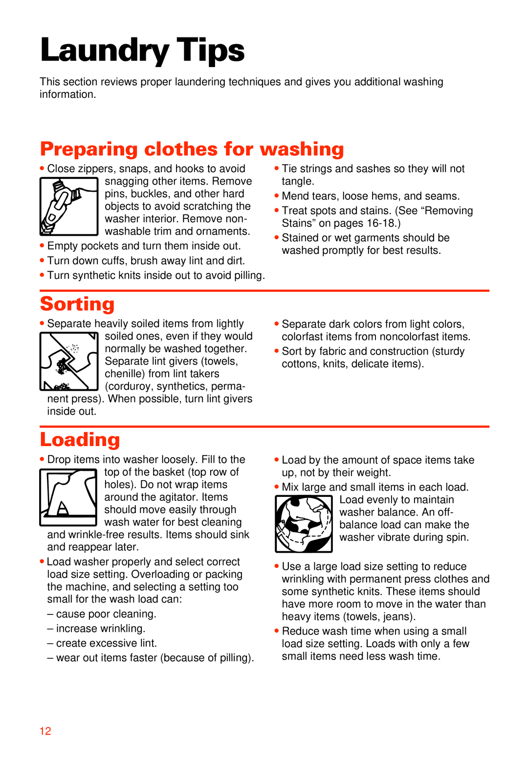 Whirlpool LXR9245EQ0 warranty Laundry Tips, Preparing clothes for washing, Sorting, Loading 