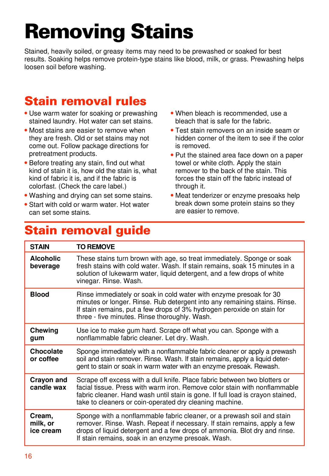 Whirlpool LXR9245EQ0 warranty Removing Stains, Stain removal rules, Stain removal guide, Stain To Remove 