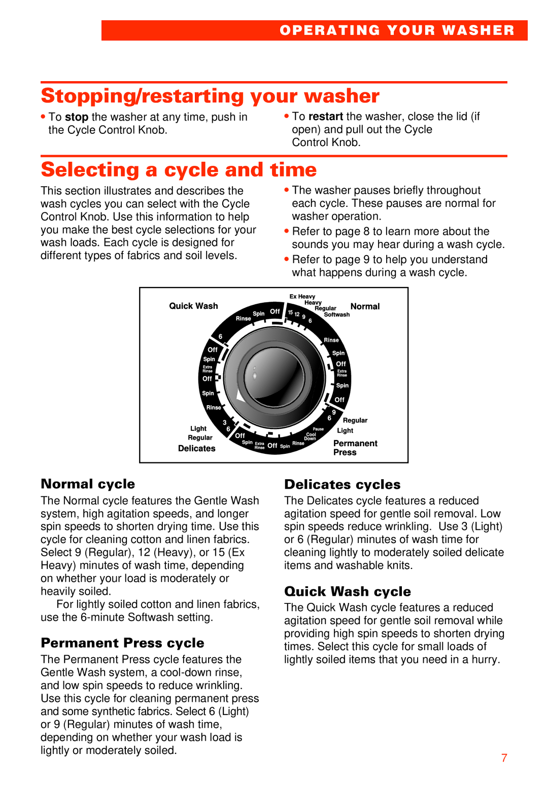 Whirlpool LXR9245EQ0 warranty Stopping/restarting your washer, Selecting a cycle and time 