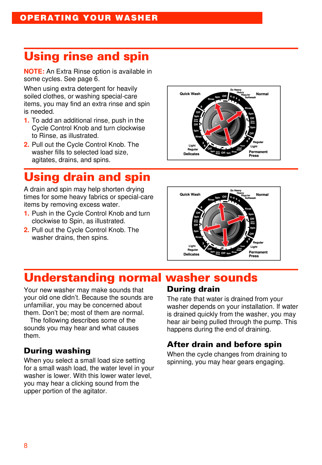 Whirlpool LXR9245EQ0 warranty Using rinse and spin, Using drain and spin, Understanding normal washer sounds 