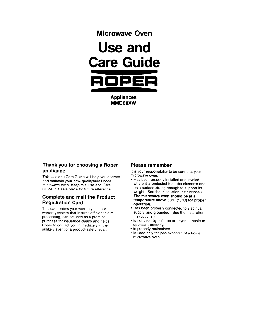 Whirlpool M-ME 08XW warranty Use Care Guide 