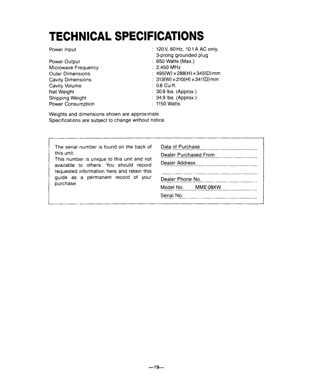 Whirlpool M-ME 08XW warranty Technical Specifications 