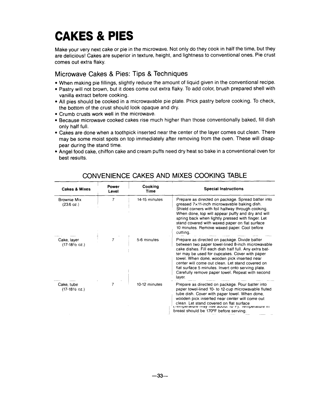 Whirlpool M-ME 08XW warranty Microwave Cakes & Pies Tips & Techniques, Convenience Cakes and Mixes Cooking Table 