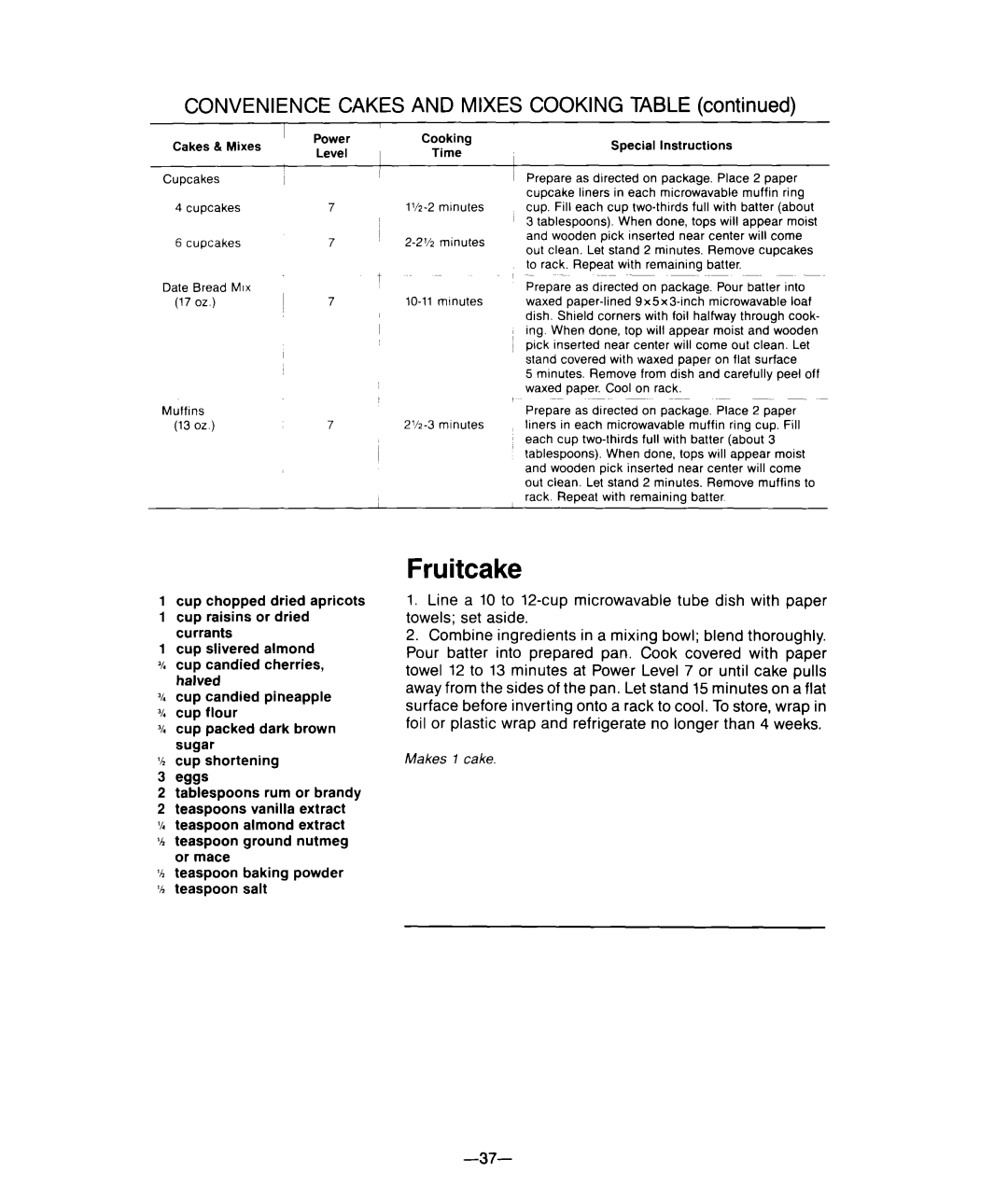 Whirlpool M-ME 08XW warranty Fruitcake, Convenience Cakes and Mixes Cooking Table 