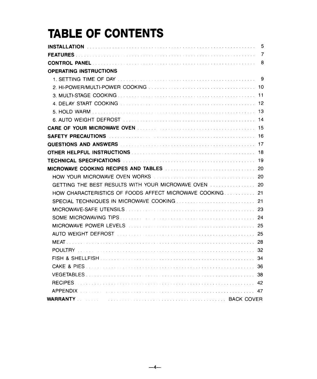 Whirlpool M-ME 08XW warranty Table of Contents 