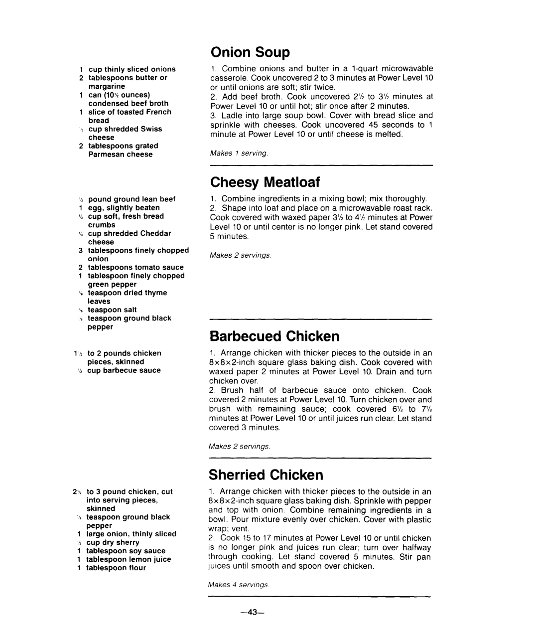 Whirlpool M-ME 08XW warranty Onion Soup, Cheesy Meatloaf, Barbecued Chicken, Sherried Chicken 