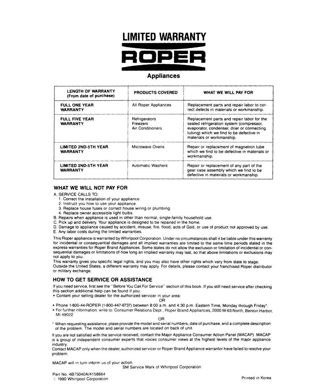 Whirlpool M-ME 08XW warranty What WE will not PAY for 