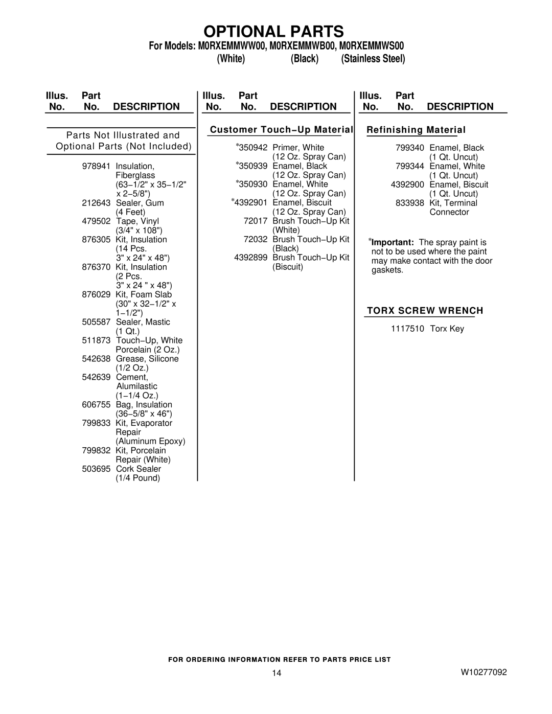 Whirlpool M0RXEMMWW00, M0RXEMMWB00, M0RXEMMWS00, W10277092 manual Parts Not Illustrated and Optional Parts Not Included 